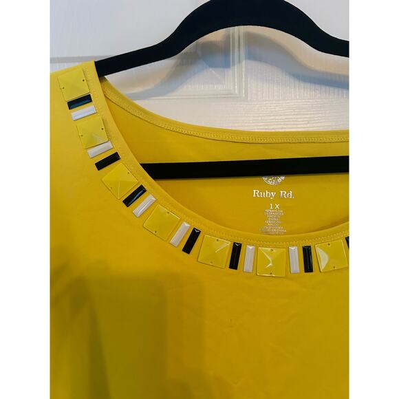 Ruby Rd. Yellow blouse with embellished neck line, 1X - Picture 2 of 5